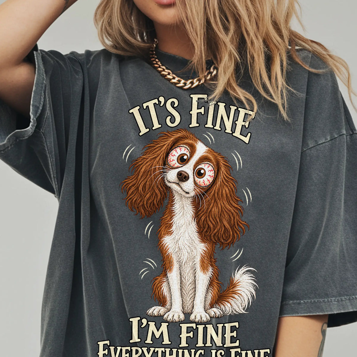 Cavalier King Charles Spaniel Everything Is Fine Comfort Colors T-shirt in Pepper lifestyle