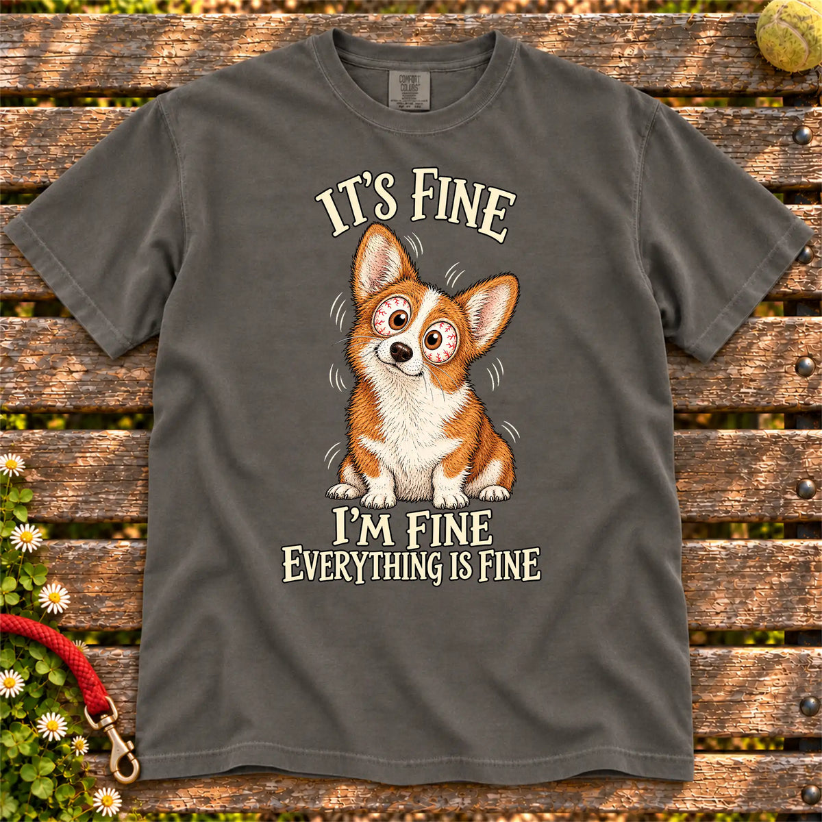 Corgi Everything Is Fine Comfort Colors T-shirt in Pepper flat lay