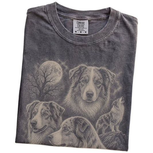Folded Pepper Comfort Colors® T-shirt showing a vintage moon montage featuring Australian Shepherd