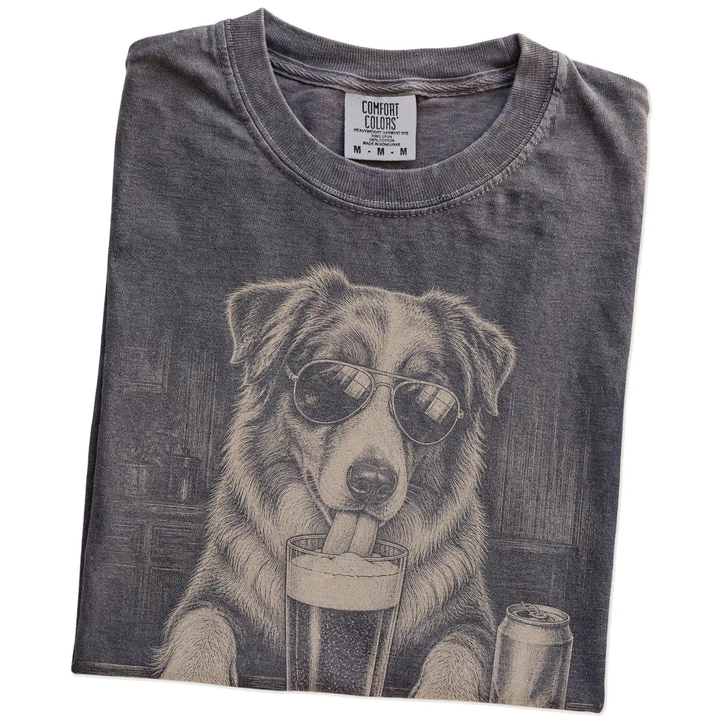 Folded Pepper Comfort Colors® t-shirt showing Australian Shepherd sneaking a drink from a pint