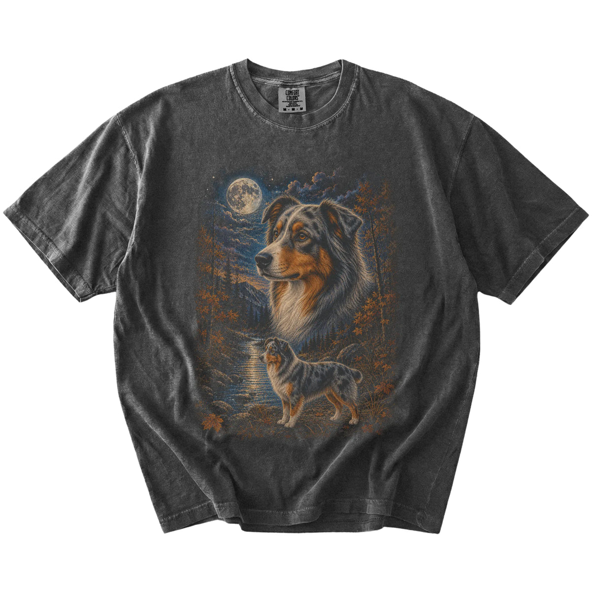 Australian Shepherd in a moonlit fall forest scene on a Pepper Comfort Colors® t-shirt