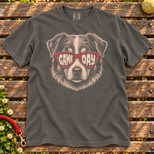 Australian Shepherd Game Day design on a Pepper Comfort Colors T-shirt, shown flat