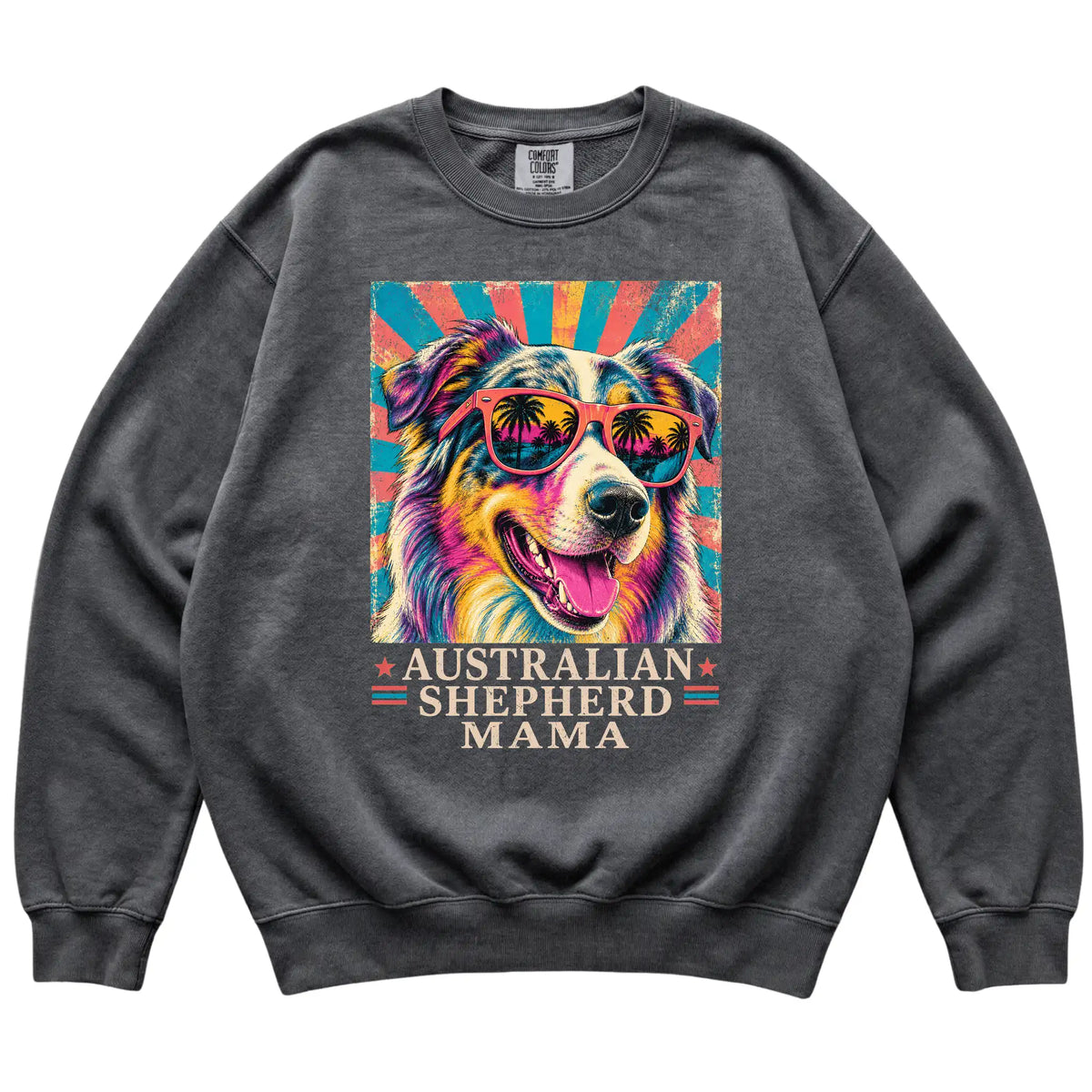 Retro Australian Shepherd Mama design on a Pepper Comfort Colors sweatshirt