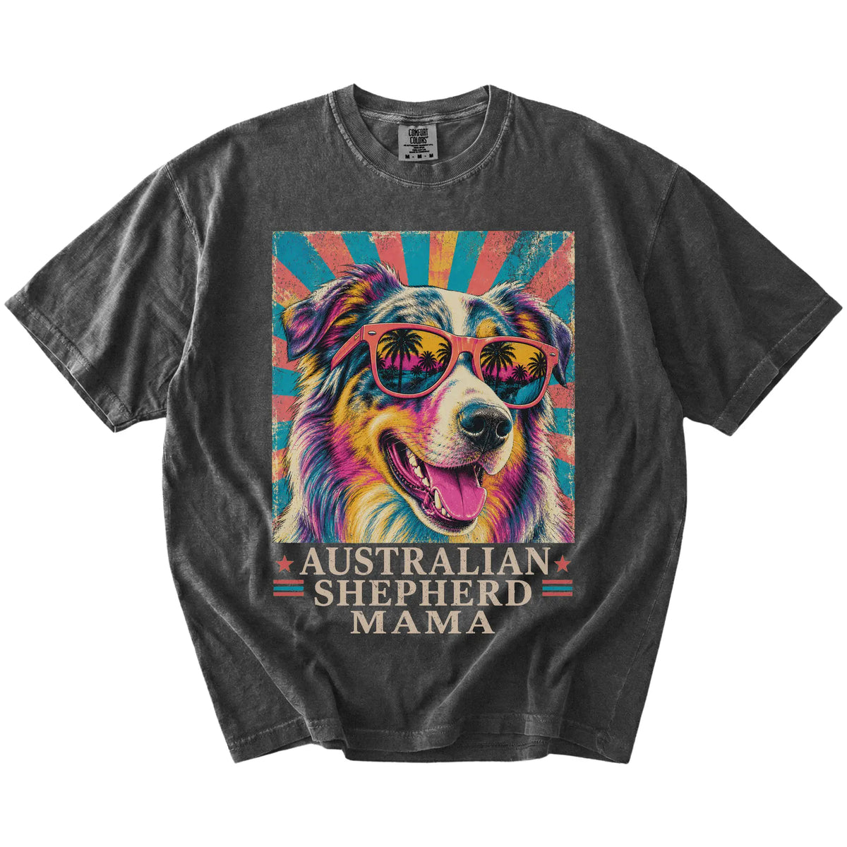 Retro Australian Shepherd Mama design on a Pepper Comfort Colors T-shirt