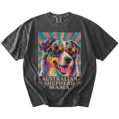 Retro Australian Shepherd Mama design on a Pepper Comfort Colors T-shirt