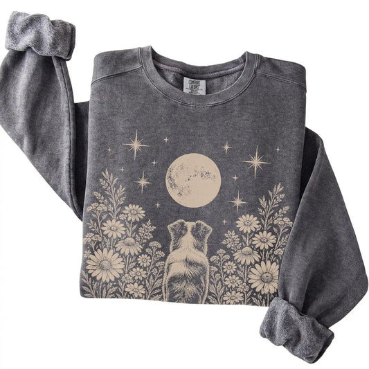 Australian Shepherd Wildflower Moon sweatshirt in Pepper, folded detail view