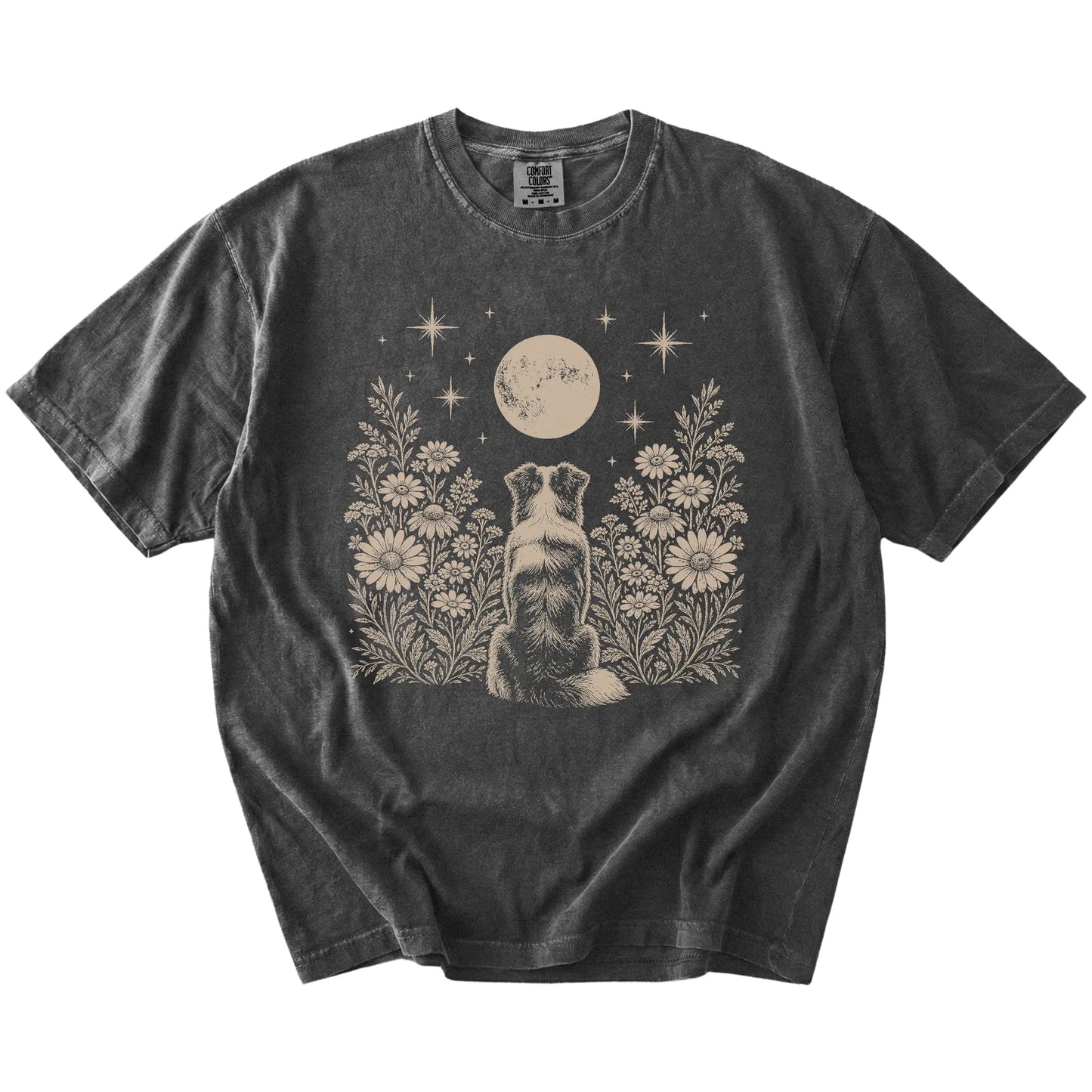 Australian Shepherd beneath a wildflower moon on a Pepper Comfort Colors® T-shirt