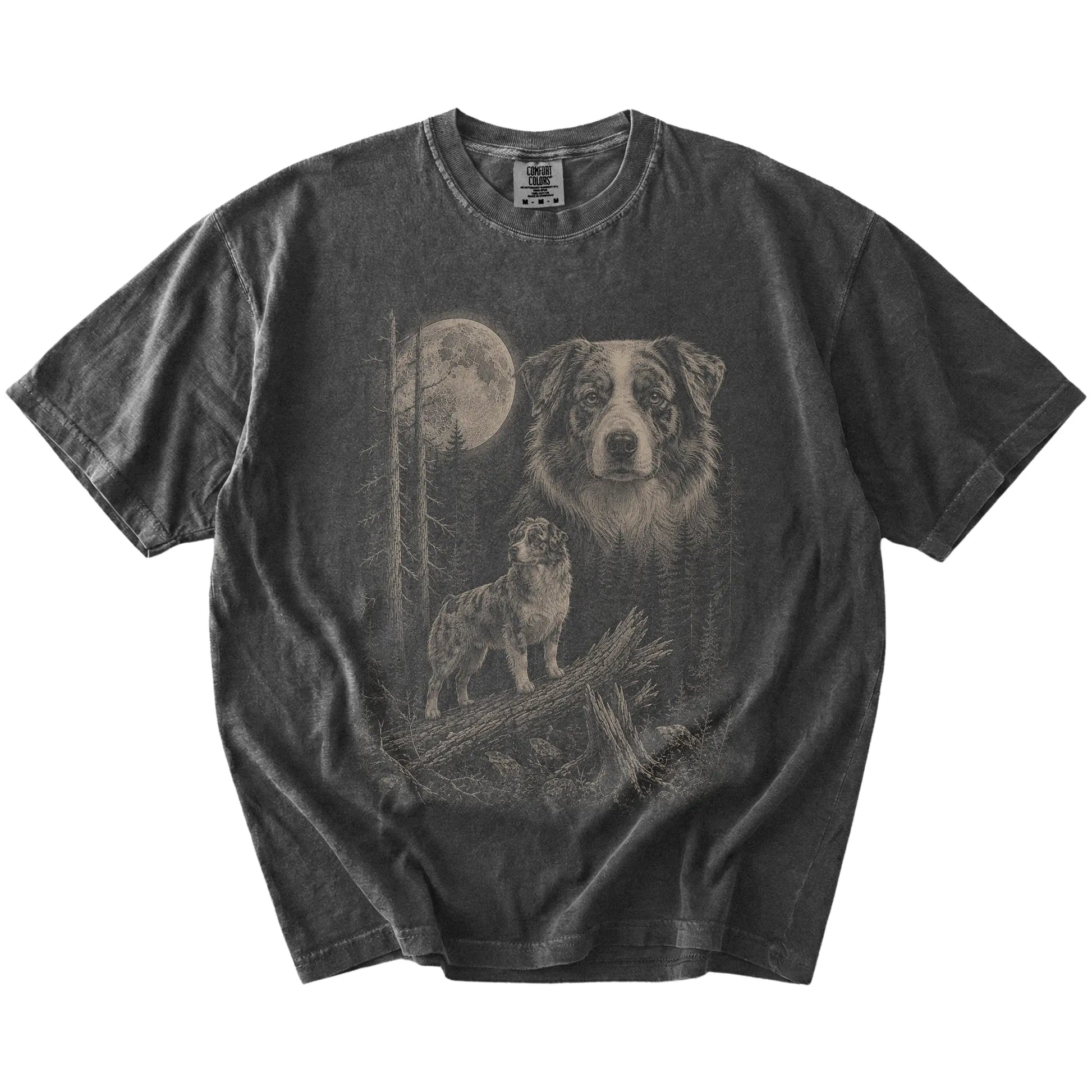 Pepper Australian Shepherd Moonlit Forest T-Shirt laid flat
