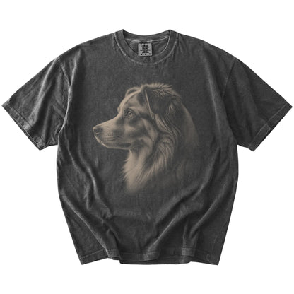 A detailed photographic portrait of a Australian Shepherd on a Pepper Comfort Colors® T-shirt