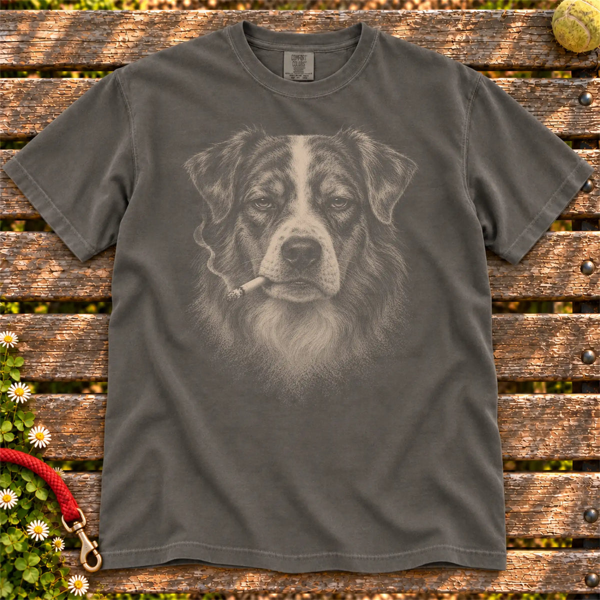 Australian Shepherd smoking design on a Pepper t-shirt