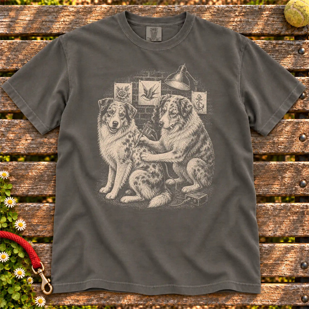 Australian Shepherd Tattoo design on a Pepper Comfort Colors T-shirt, shown flat