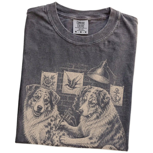 Folded Pepper Australian Shepherd Tattoo t-shirt showing the graphic