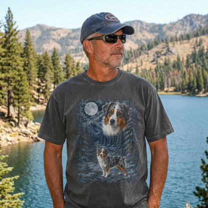 Model wearing a pepper T-shirt with Australian Shepherd Winter Moon artwork.