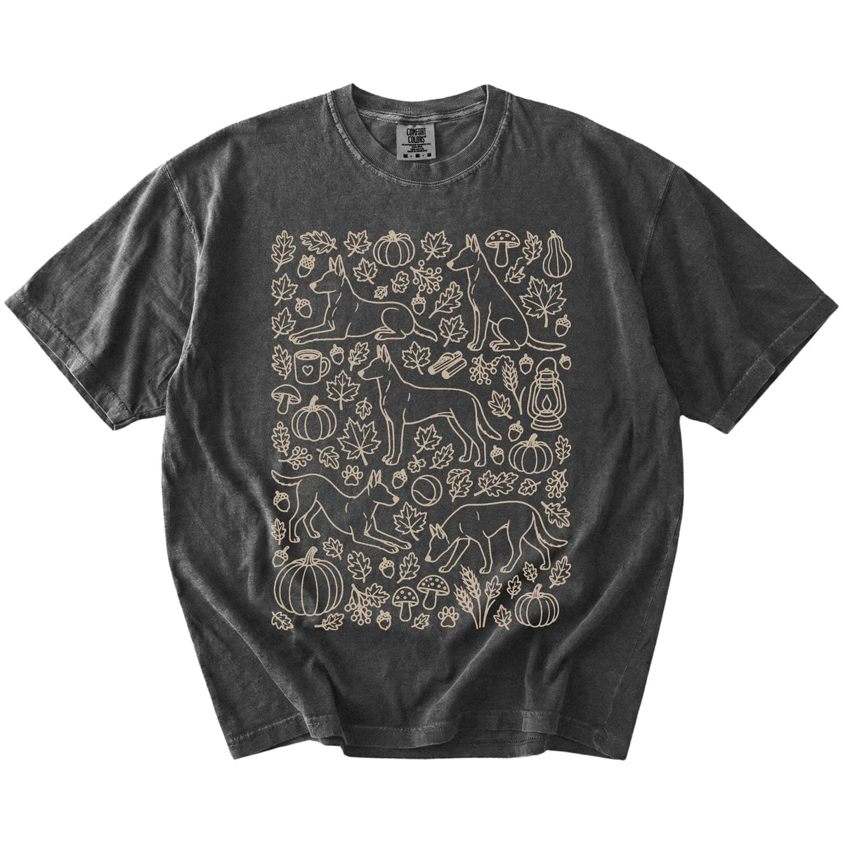 Belgian Malinois dogs with pumpkins, leaves, acorns, and woodland details on a Pepper Comfort Colors® T-shirt