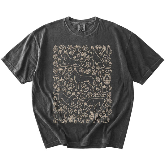Belgian Malinois dogs with pumpkins, leaves, acorns, and woodland details on a Pepper Comfort Colors® T-shirt