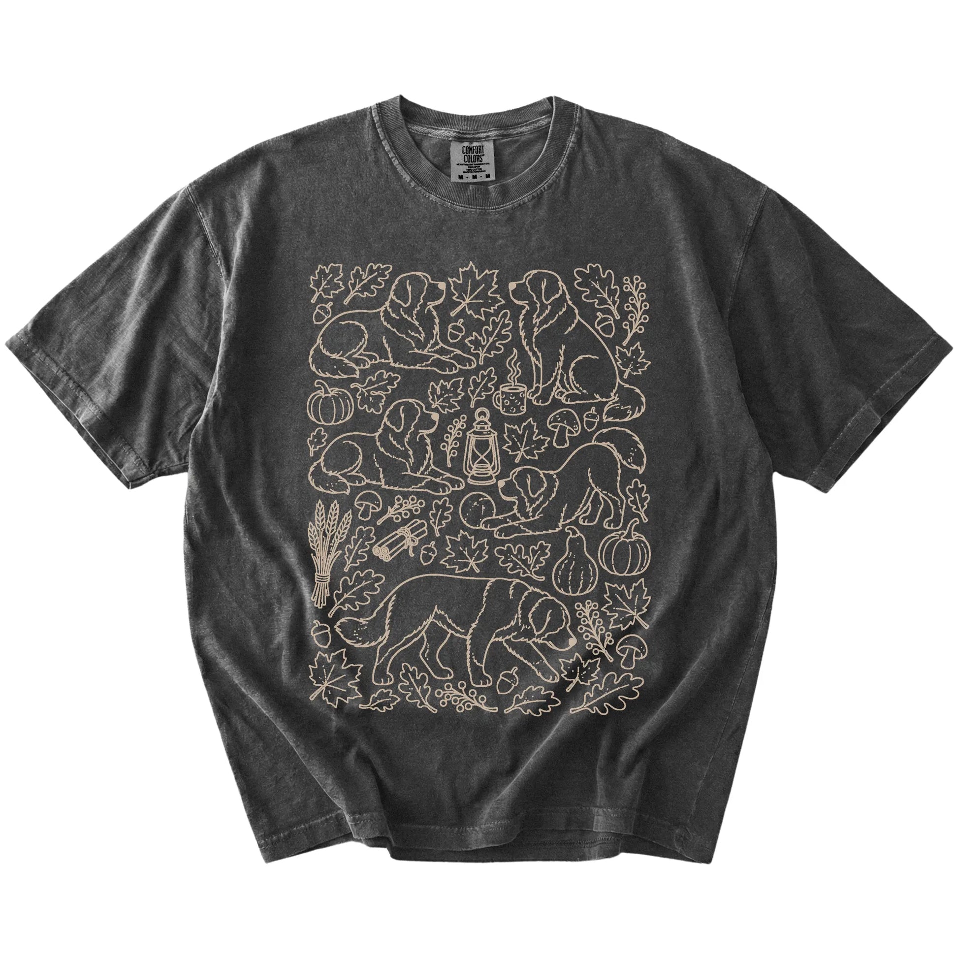 Bernese Mountain Dog dogs with pumpkins, leaves, acorns, and woodland details on a Pepper Comfort Colors® T-shirt