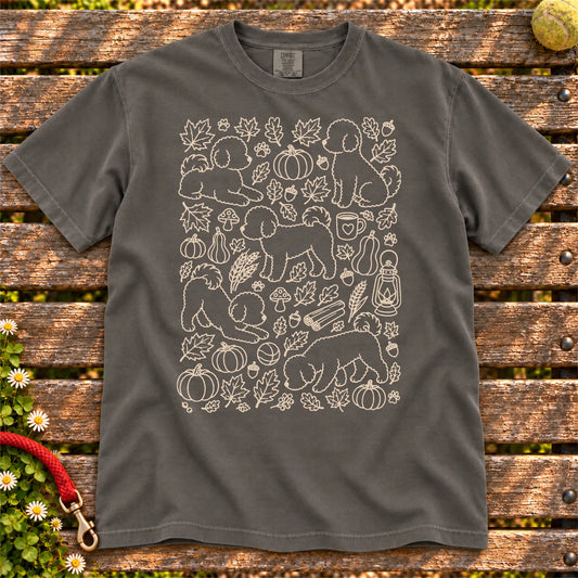 Autumn Bichon Frise design on a Pepper Comfort Colors T-shirt, shown flat