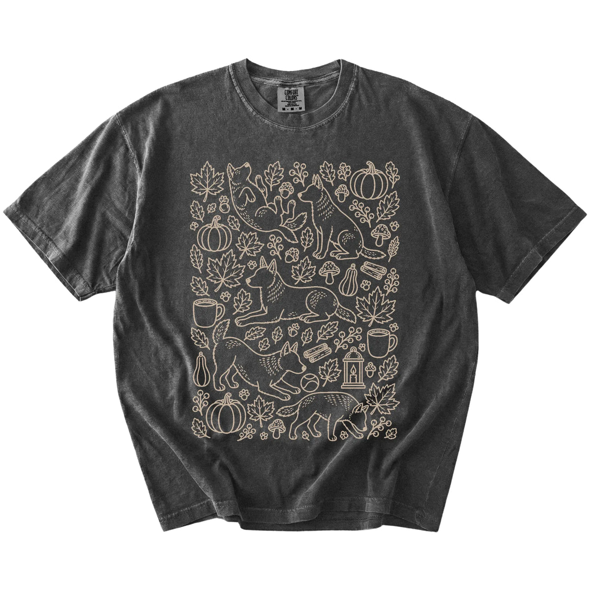 Blue Heeler dogs with pumpkins, leaves, acorns, and woodland details on a Pepper Comfort Colors® T-shirt