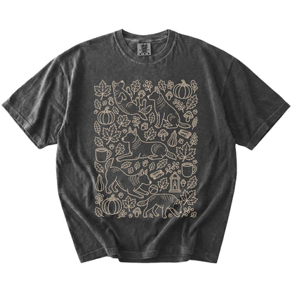 Blue Heeler dogs with pumpkins, leaves, acorns, and woodland details on a Pepper Comfort Colors® T-shirt