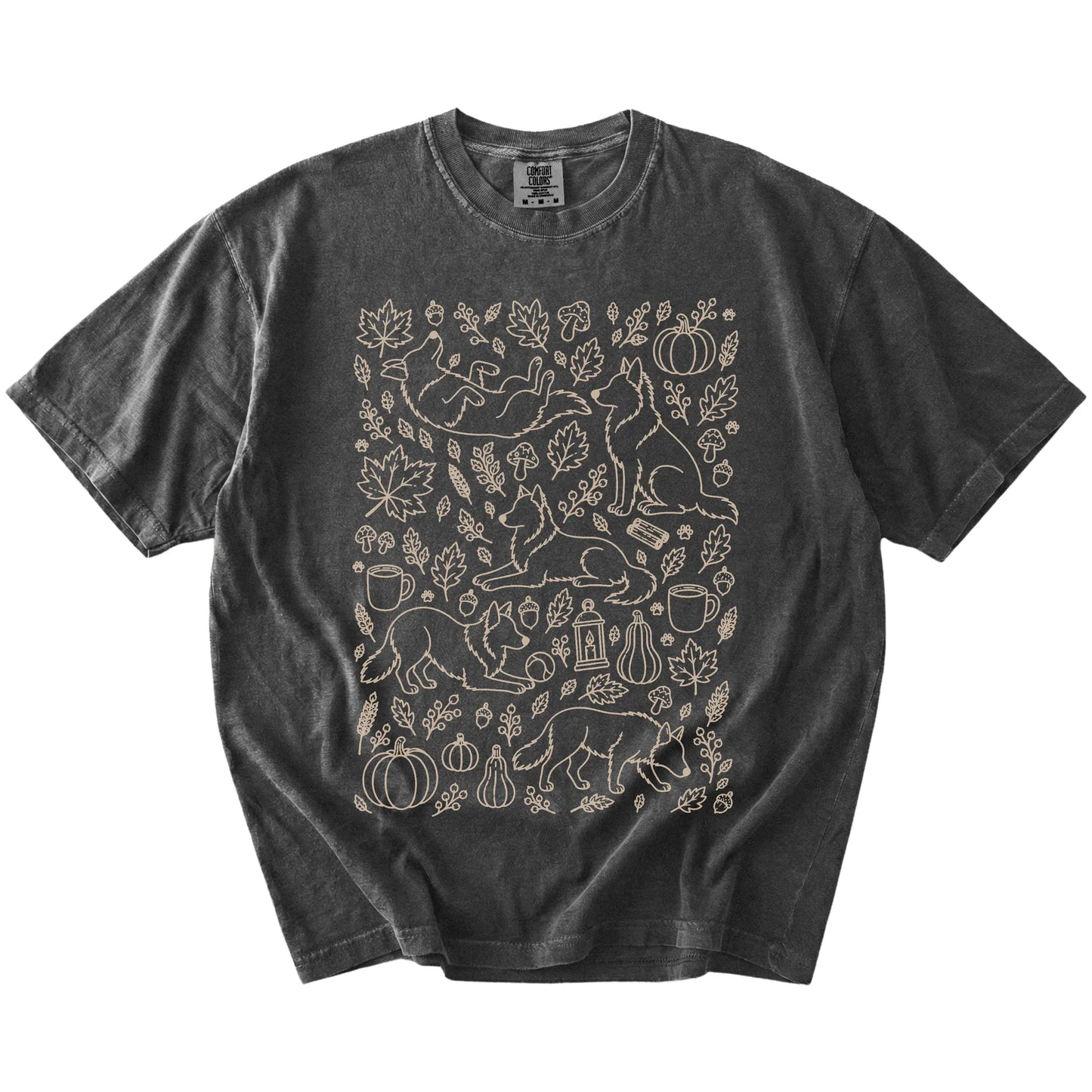 Border Collie dogs with pumpkins, leaves, acorns, and woodland details on a Pepper Comfort Colors® T-shirt