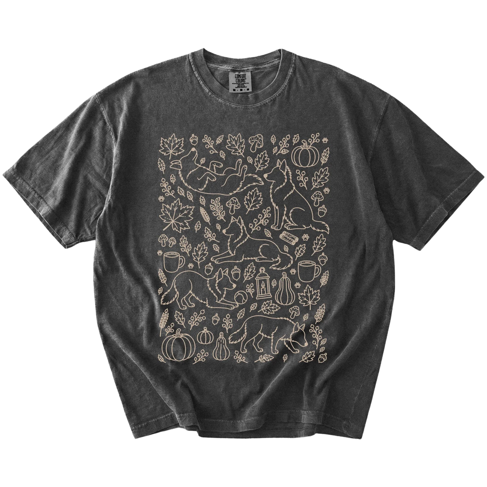 Border Collie dogs with pumpkins, leaves, acorns, and woodland details on a Pepper Comfort Colors® T-shirt