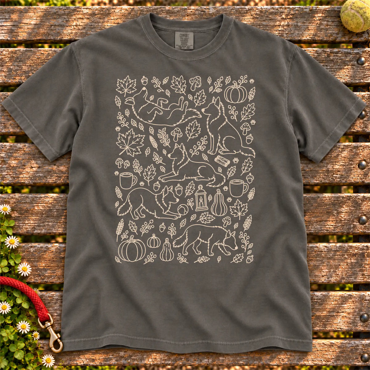 Autumn Border Collie design on a Pepper Comfort Colors T-shirt, shown flat