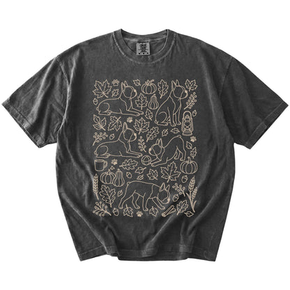 Boston Terrier dogs with pumpkins, leaves, acorns, and woodland details on a Pepper Comfort Colors® T-shirt