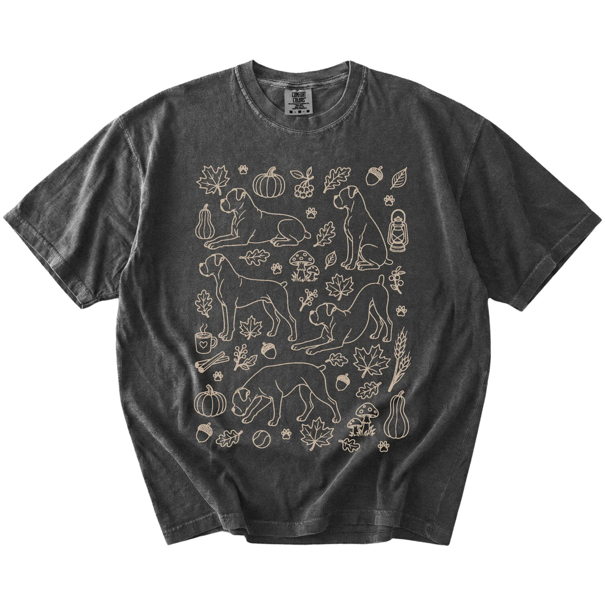 Boxer dogs with pumpkins, leaves, acorns, and woodland details on a Pepper Comfort Colors® T-shirt