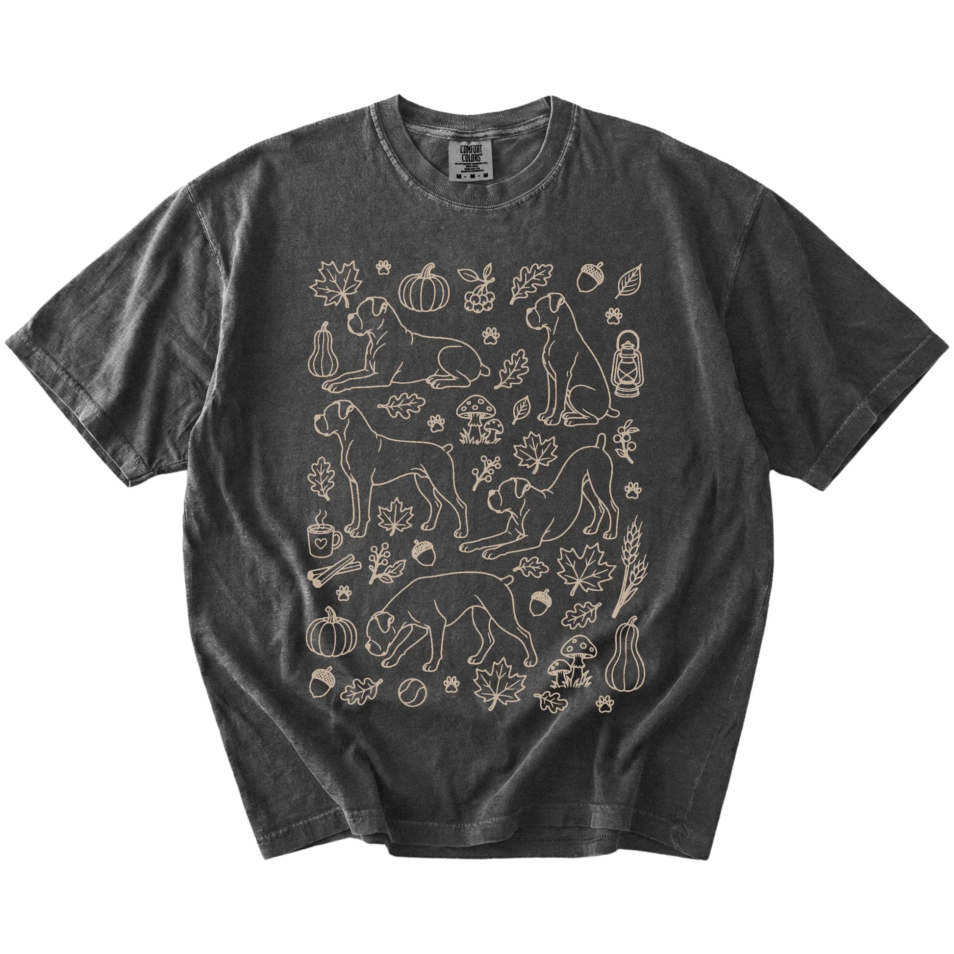 Boxer dogs with pumpkins, leaves, acorns, and woodland details on a Pepper Comfort Colors® T-shirt