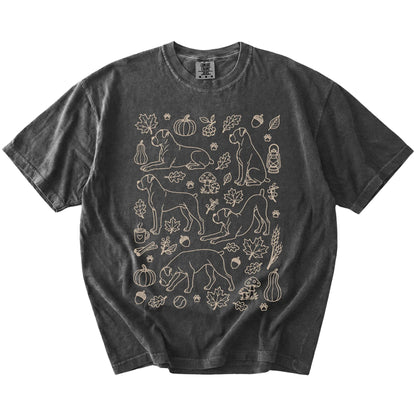 Boxer dogs with pumpkins, leaves, acorns, and woodland details on a Pepper Comfort Colors® T-shirt