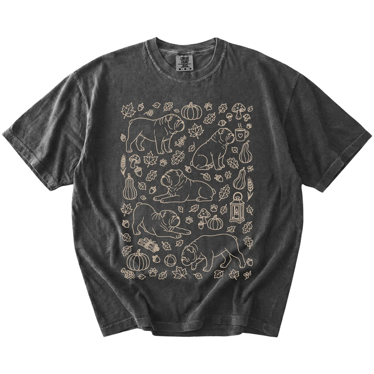 Bulldog dogs with pumpkins, leaves, acorns, and woodland details on a Pepper Comfort Colors® T-shirt