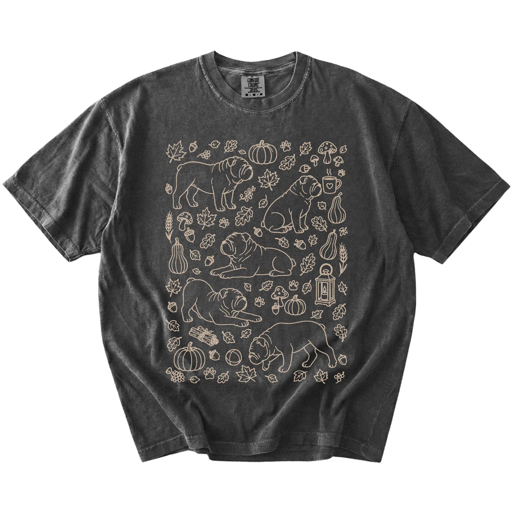 Bulldog dogs with pumpkins, leaves, acorns, and woodland details on a Pepper Comfort Colors® T-shirt