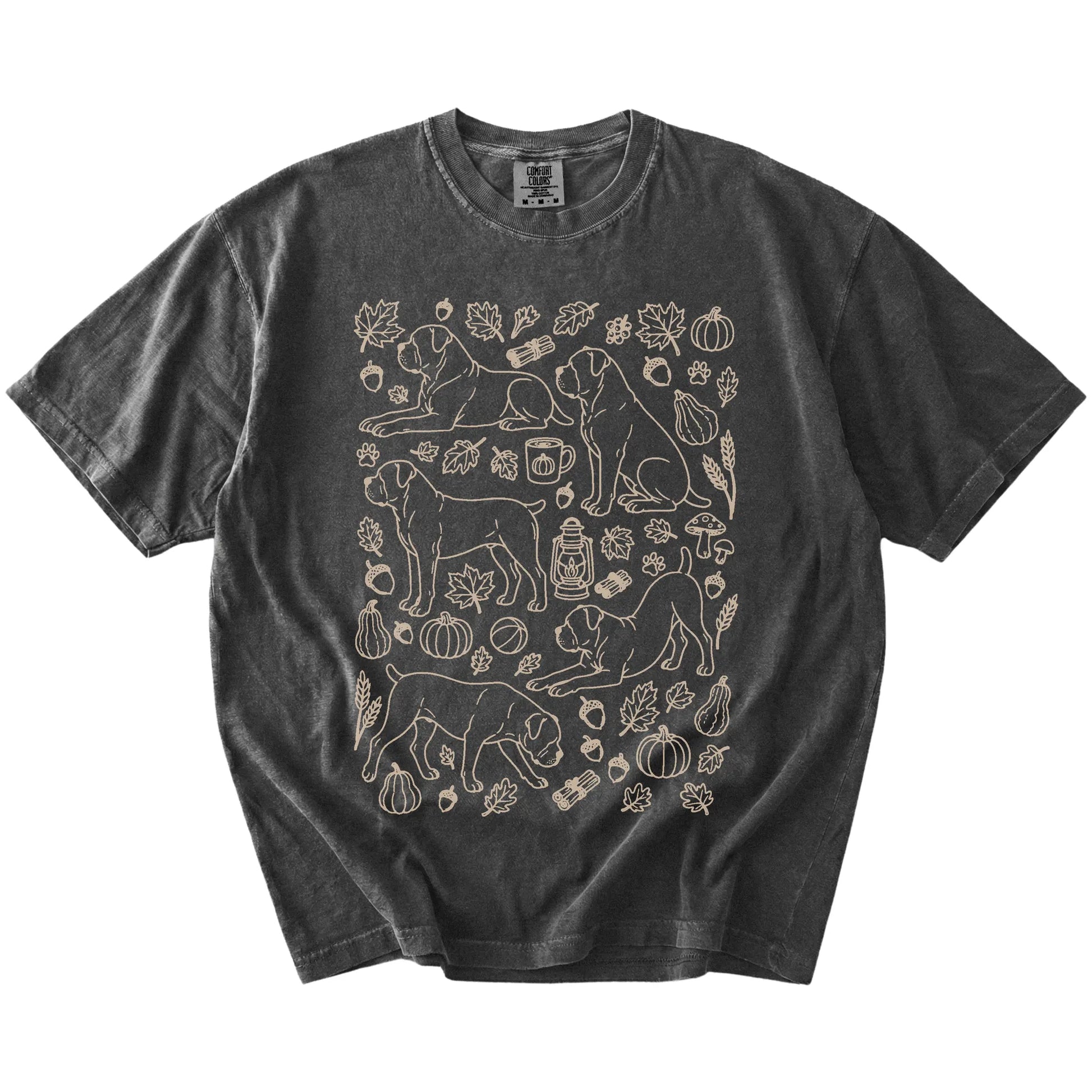 Cane Corso dogs with pumpkins, leaves, acorns, and woodland details on a Pepper Comfort Colors® T-shirt