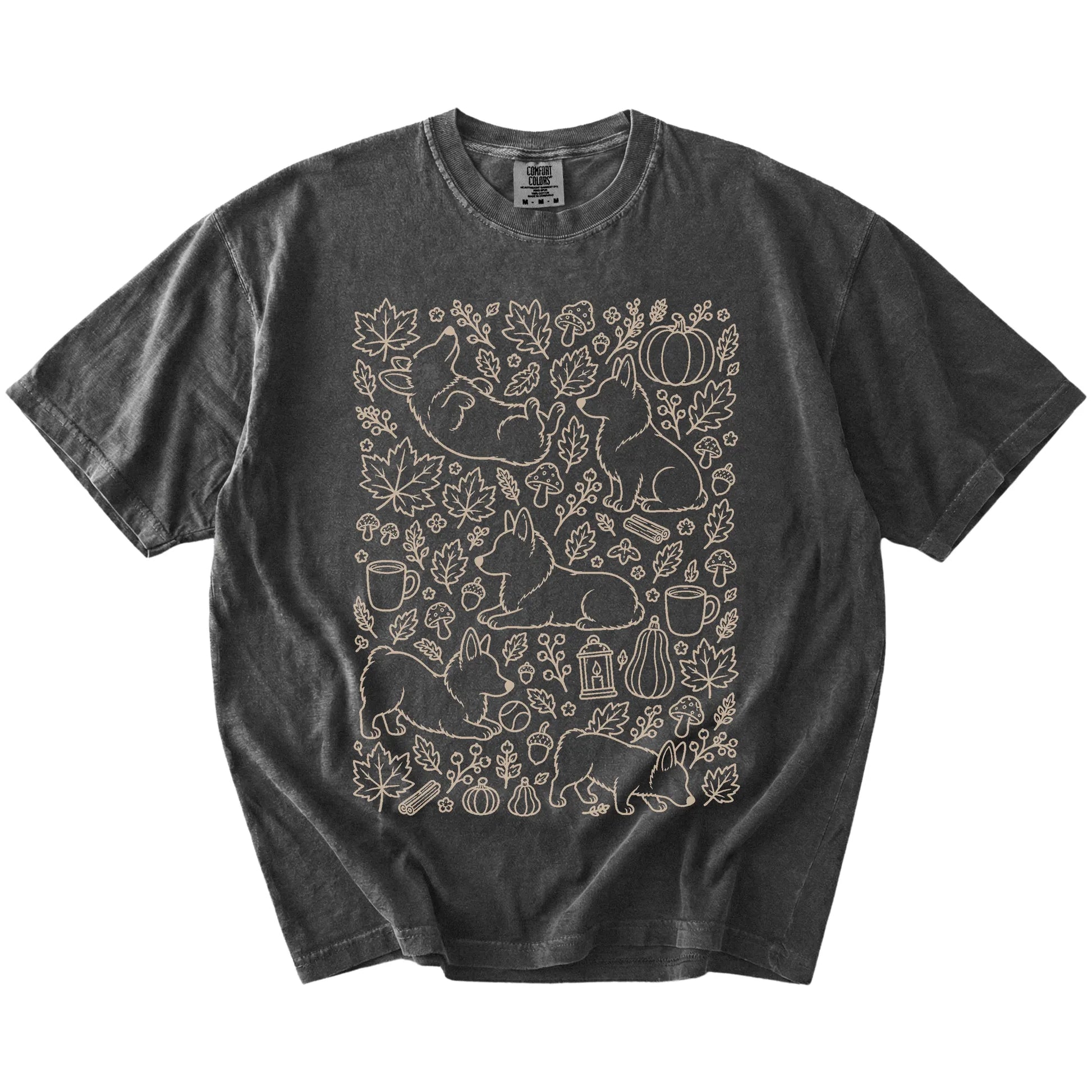 Corgi dogs with pumpkins, leaves, acorns, and woodland details on a Pepper Comfort Colors® T-shirt