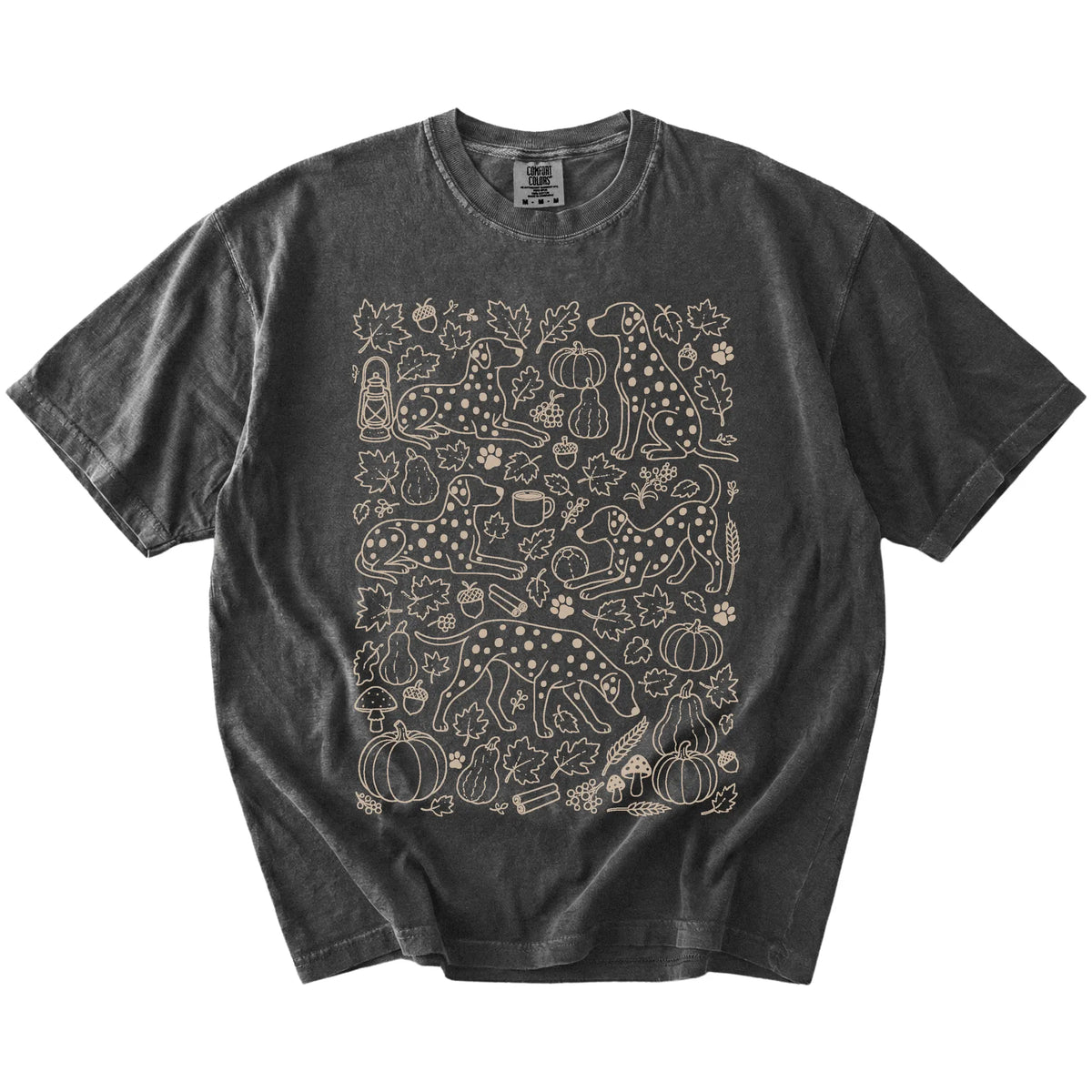 Dalmatian dogs with pumpkins, leaves, acorns, and woodland details on a Pepper Comfort Colors® T-shirt