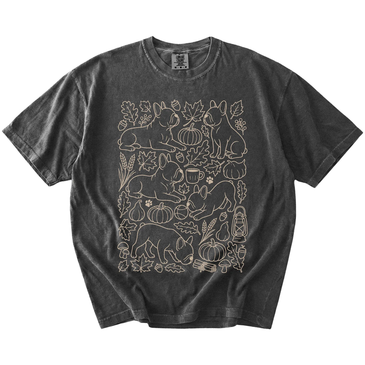French Bulldog dogs with pumpkins, leaves, acorns, and woodland details on a Pepper Comfort Colors® T-shirt