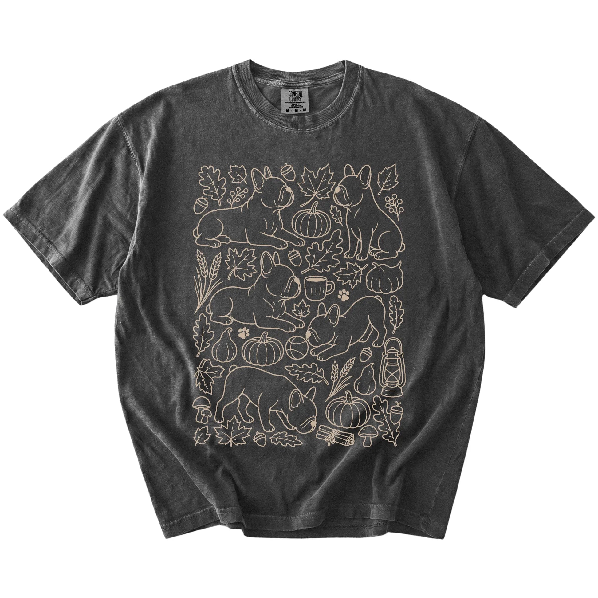 French Bulldog dogs with pumpkins, leaves, acorns, and woodland details on a Pepper Comfort Colors® T-shirt