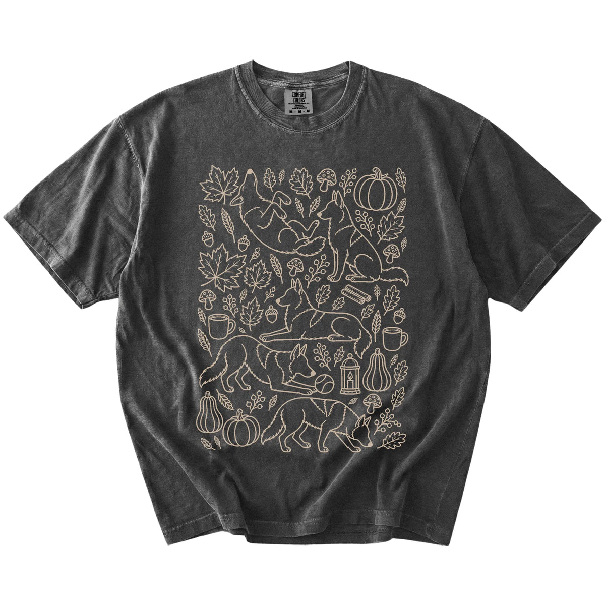 German Shepherd dogs with pumpkins, leaves, acorns, and woodland details on a Pepper Comfort Colors® T-shirt