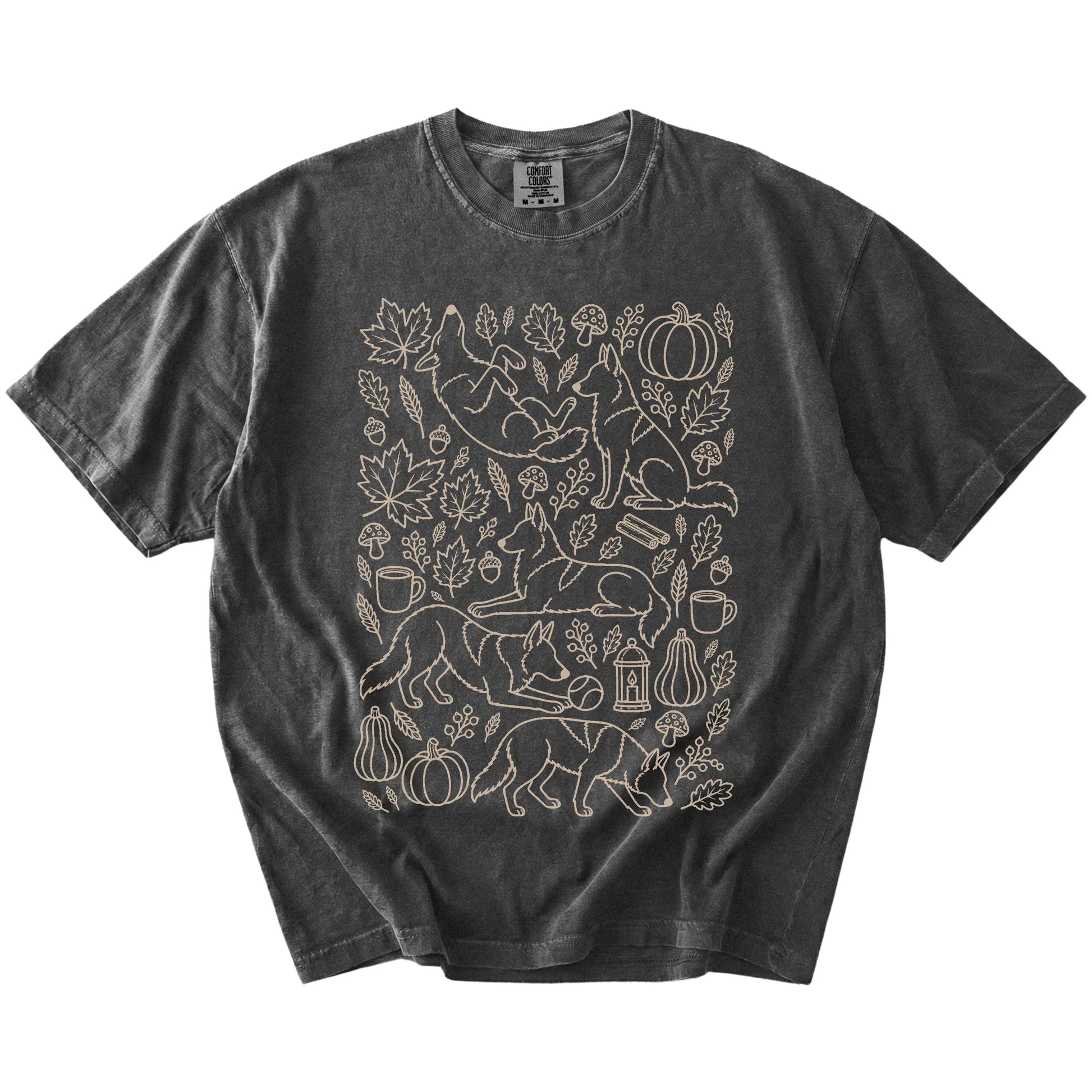 German Shepherd dogs with pumpkins, leaves, acorns, and woodland details on a Pepper Comfort Colors® T-shirt