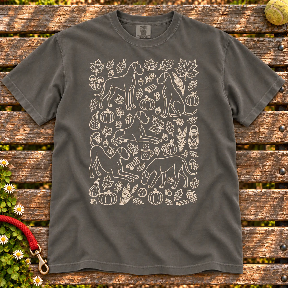 Autumn Great Dane design on a Pepper Comfort Colors T-shirt, shown flat