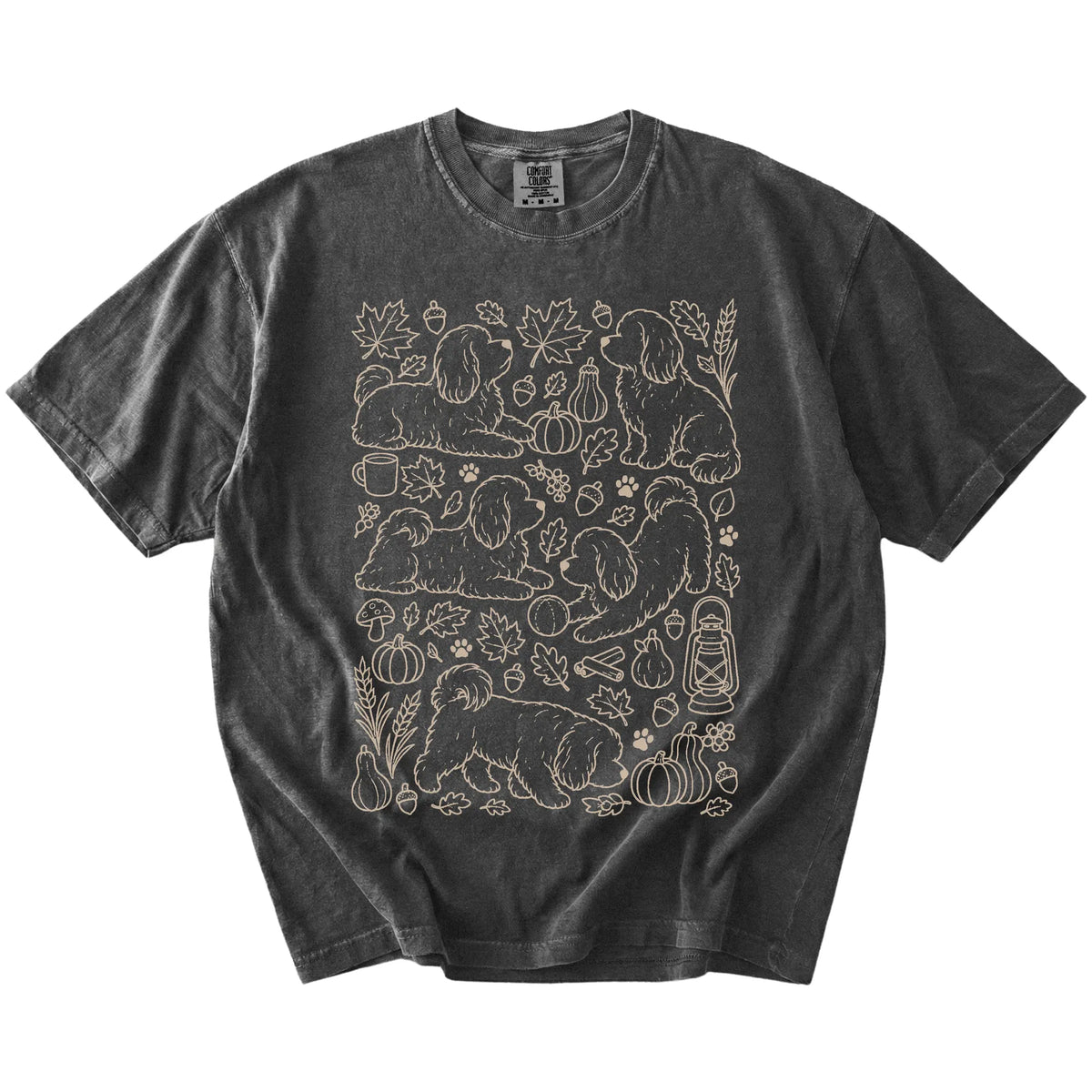 Havanese dogs with pumpkins, leaves, acorns, and woodland details on a Pepper Comfort Colors® T-shirt