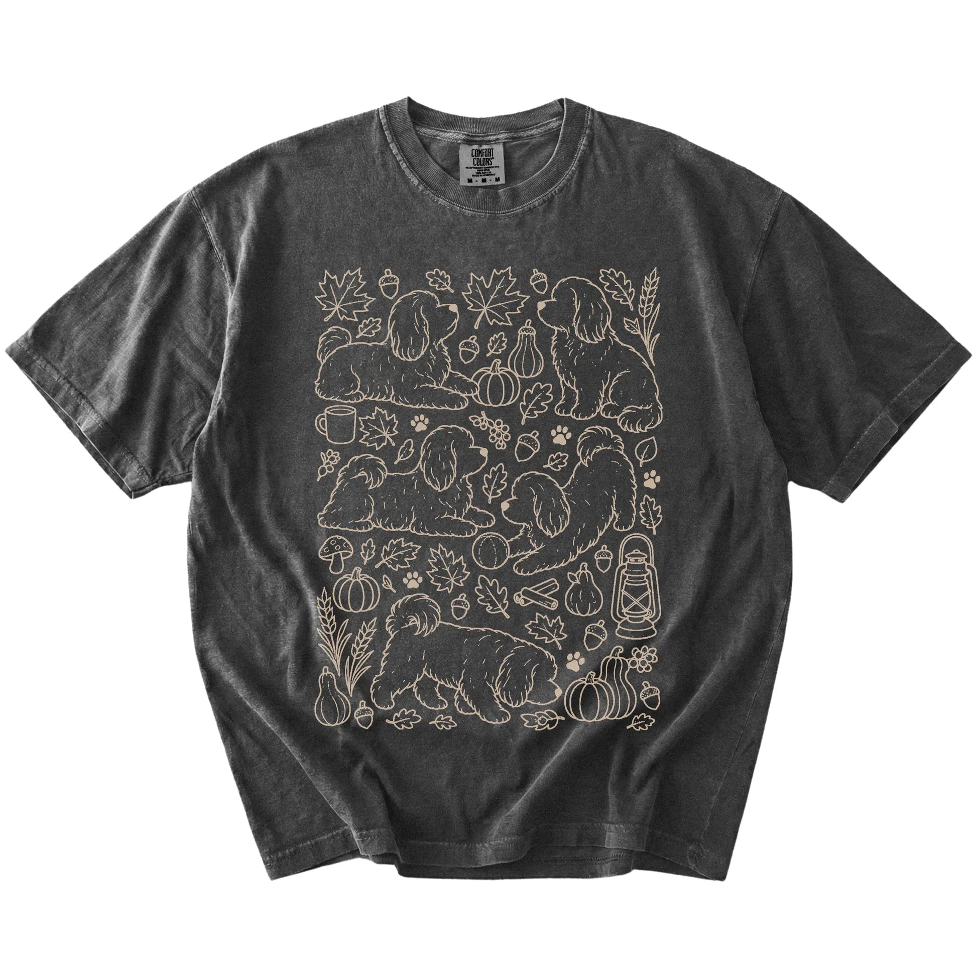 Havanese dogs with pumpkins, leaves, acorns, and woodland details on a Pepper Comfort Colors® T-shirt