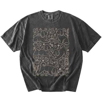 Havanese dogs with pumpkins, leaves, acorns, and woodland details on a Pepper Comfort Colors® T-shirt