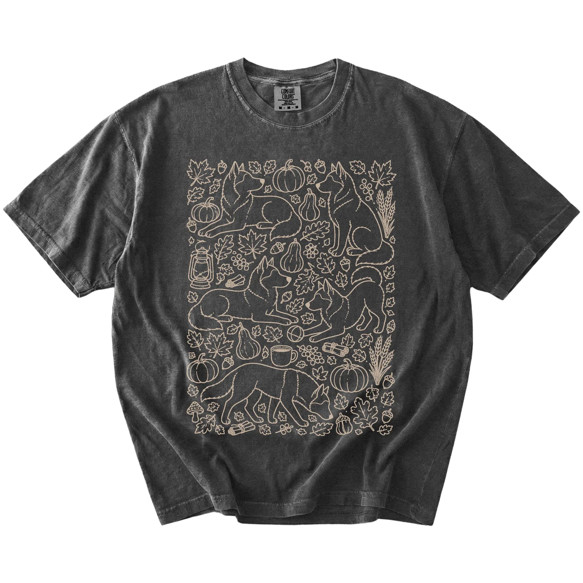 Husky dogs with pumpkins, leaves, acorns, and woodland details on a Pepper Comfort Colors® T-shirt