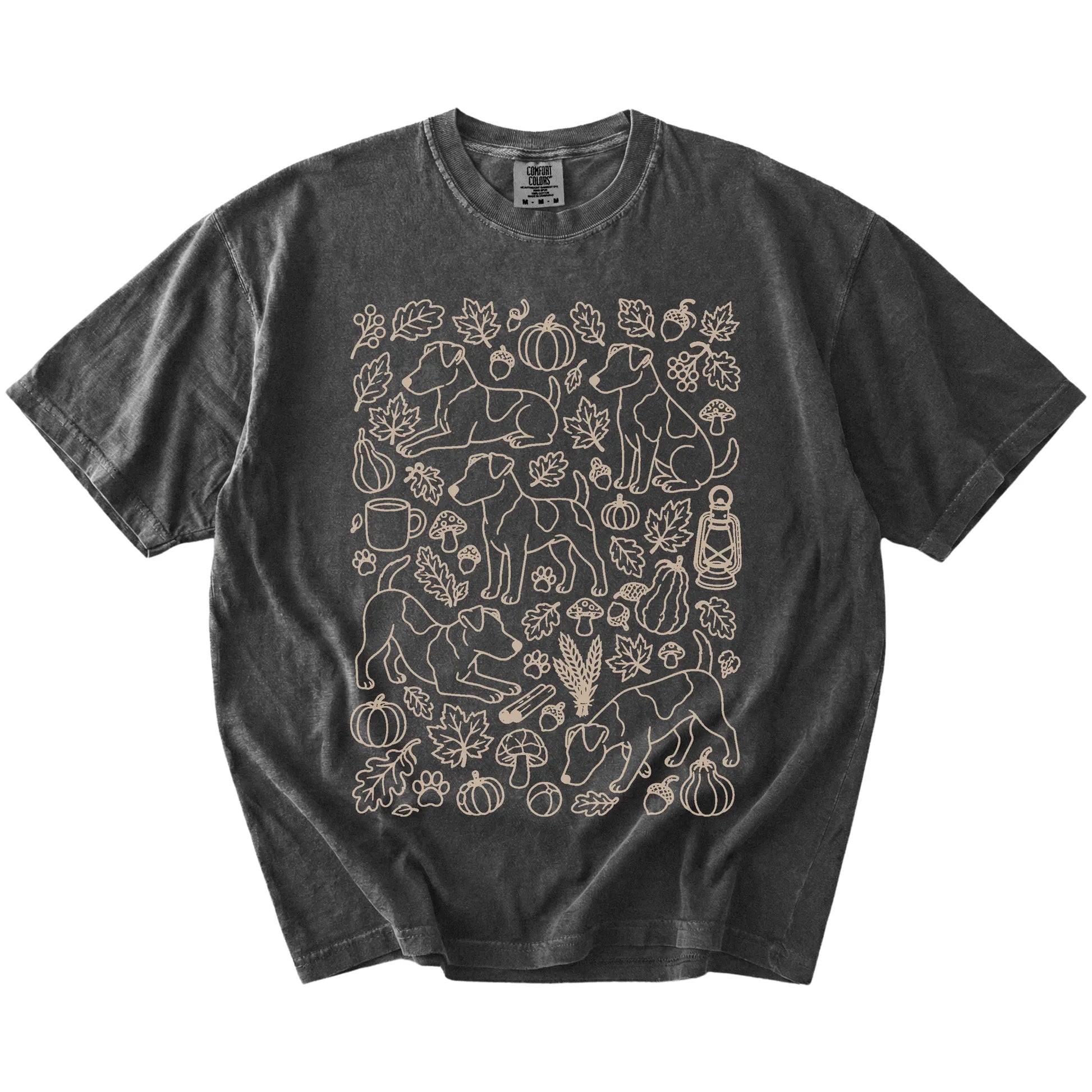Jack Russell dogs with pumpkins, leaves, acorns, and woodland details on a Pepper Comfort Colors® T-shirt