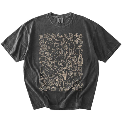 Jack Russell dogs with pumpkins, leaves, acorns, and woodland details on a Pepper Comfort Colors® T-shirt