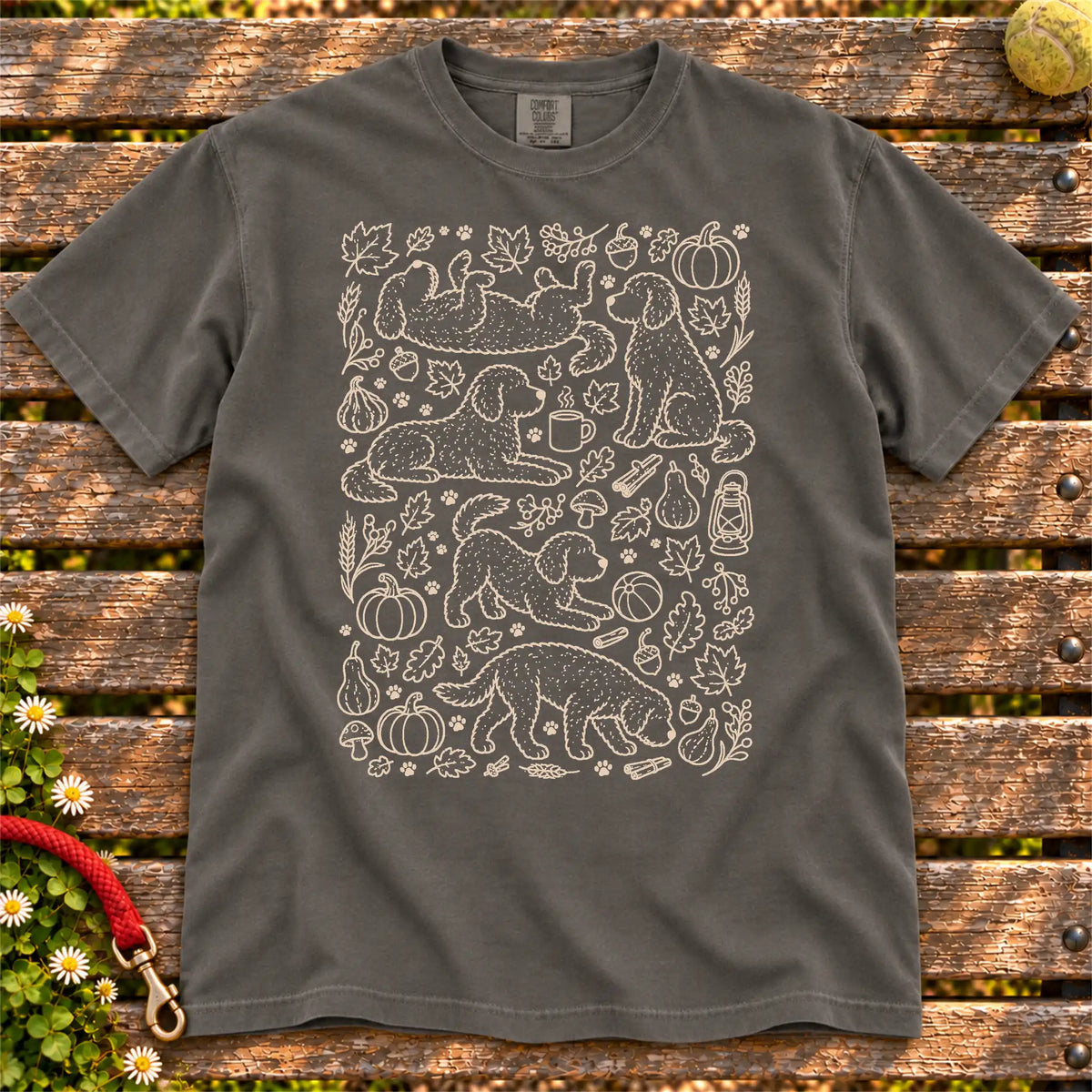 Autumn Labradoodle design on a Pepper Comfort Colors T-shirt, shown flat