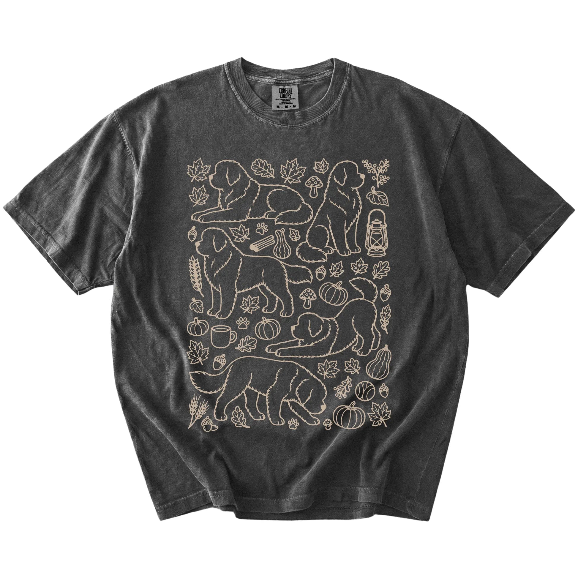 Newfie dogs with pumpkins, leaves, acorns, and woodland details on a Pepper Comfort Colors® T-shirt