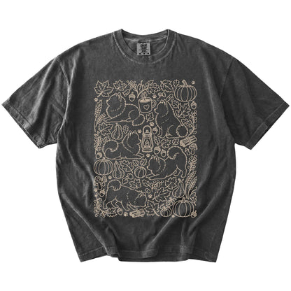 Pomeranian dogs with pumpkins, leaves, acorns, and woodland details on a Pepper Comfort Colors® T-shirt