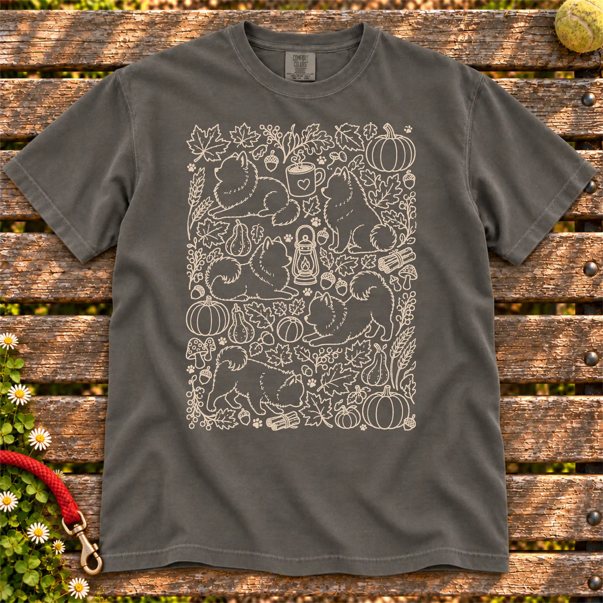 Autumn Pomeranian design on a Pepper Comfort Colors T-shirt, shown flat